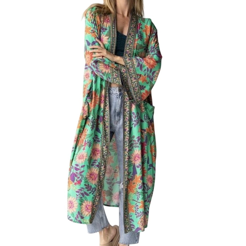 Natural Life Floral Duster Cardigan Green Rayon Kimono Open Front Pockets S/M